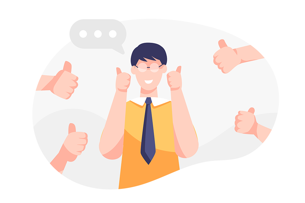 A man in an orange shirt is giving thumbs up.